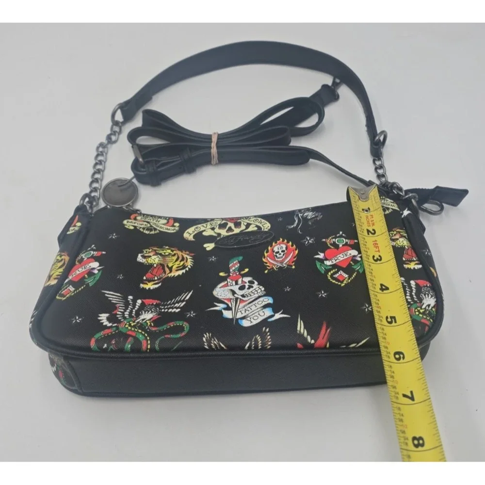 Ed Hardy Black Shoulder Crossbody Bag with Charms Love Kills Slowly Skull Tattoo